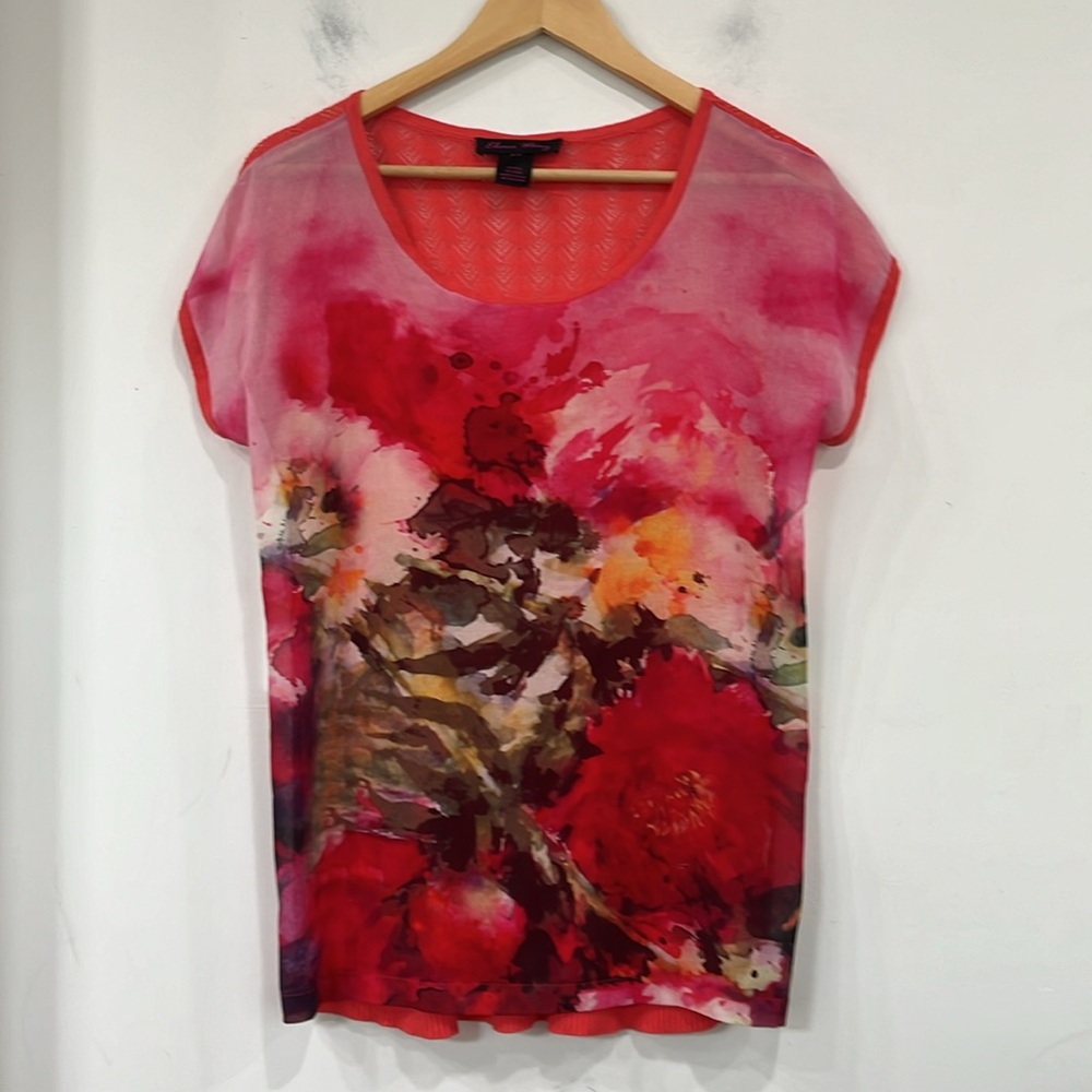 Elena Wang Silk Cotton Watercolour Print Sweater back knit Pink Red S